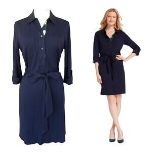 Draper James Popover Knit Belted Shirtdress in Nassau Navy Blue